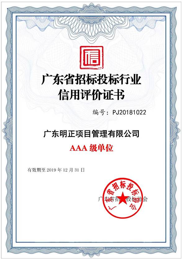广东省招标投标行业信用评价证书aaa级